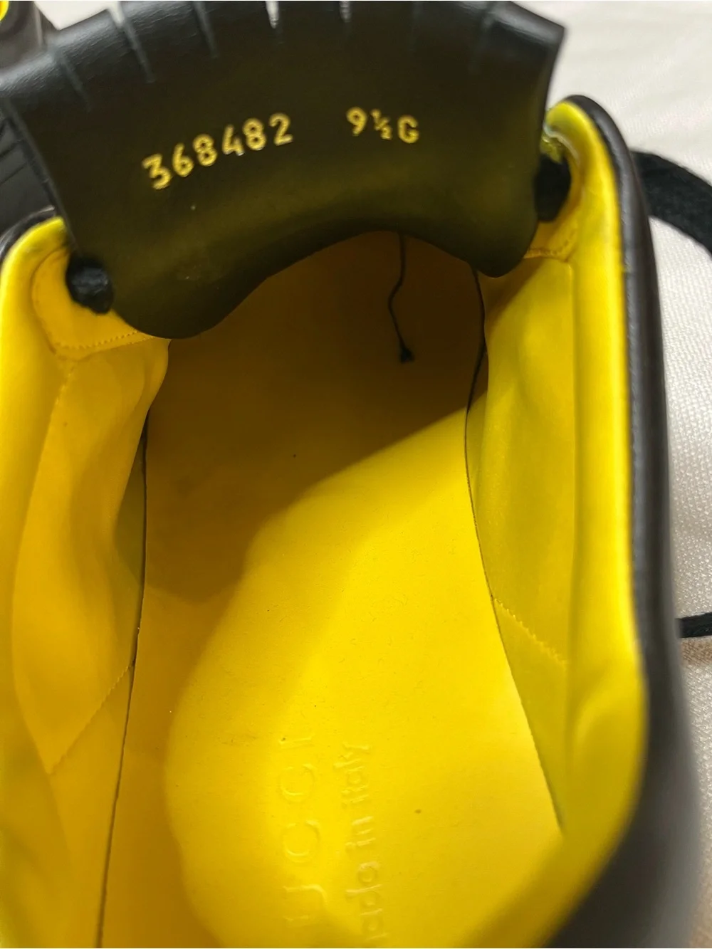 Gucci Black Leather Sneakers with Yellow Interior and Fringe Tongue